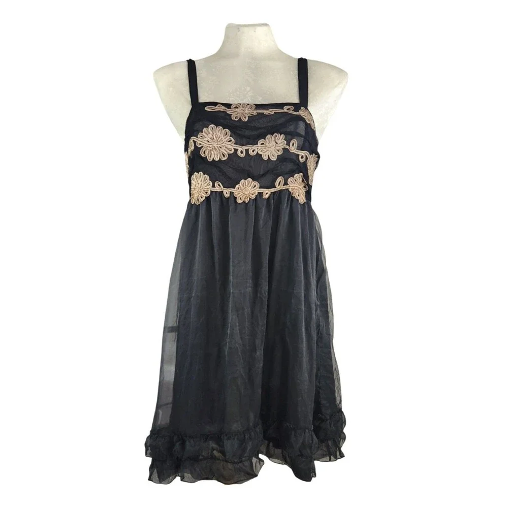 Anthropologie Zehavale Black Lace Tulle Silk Sheer Mini Dress Size 10 - Picture 2 of 12